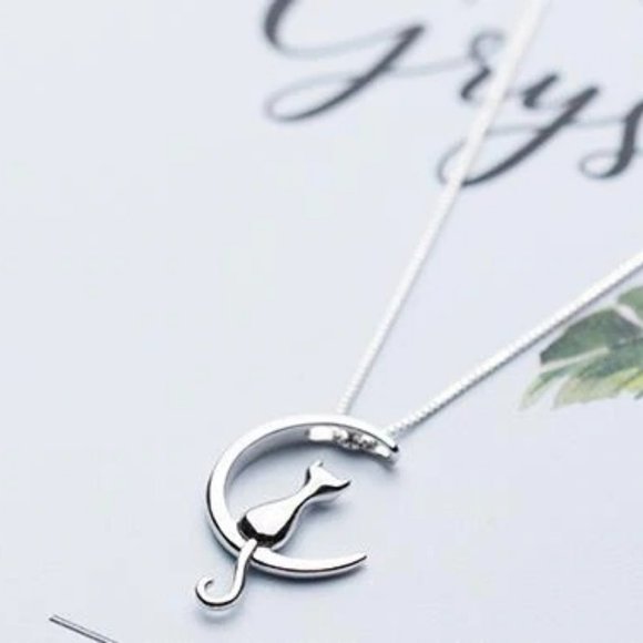 NEW 925 Sterling Silver Cat Moon Necklace - Picture 5 of 8
